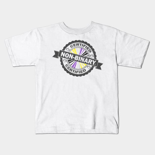 Certified Non-Binary Pride Seal of Approval with Pride Flag Background Kids T-Shirt by LiveLoudGraphics